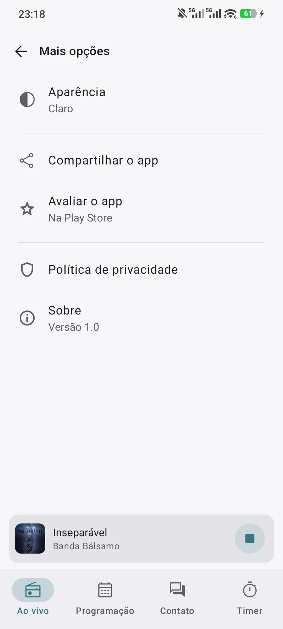App Android: mais opções, com desligar em, aparência, widget e avaliar na Play Store