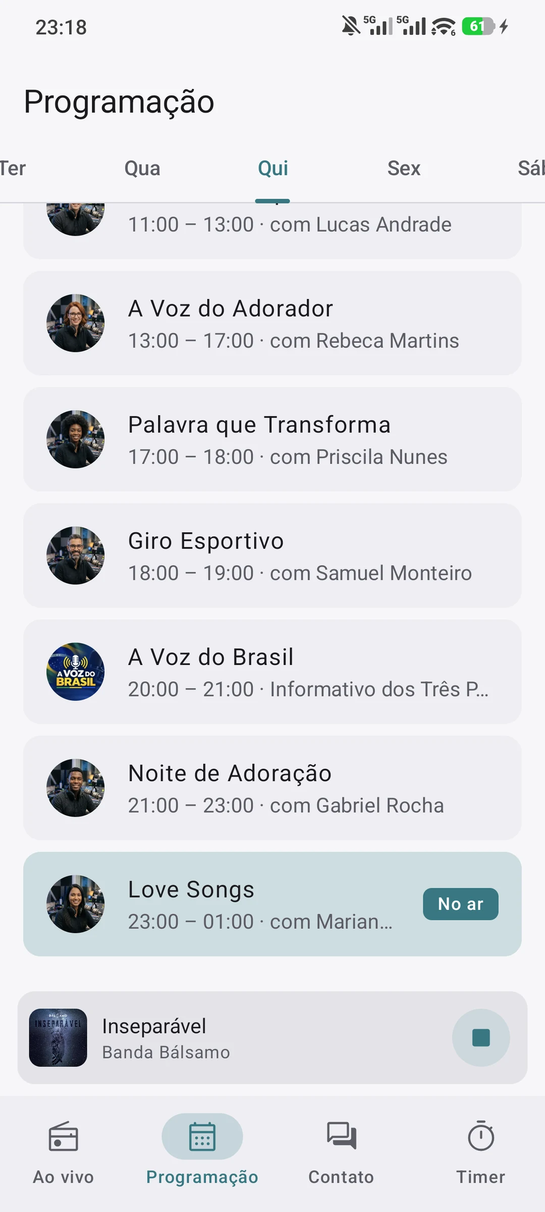 App Android: grade de programação da semana com o programa no ar em destaque